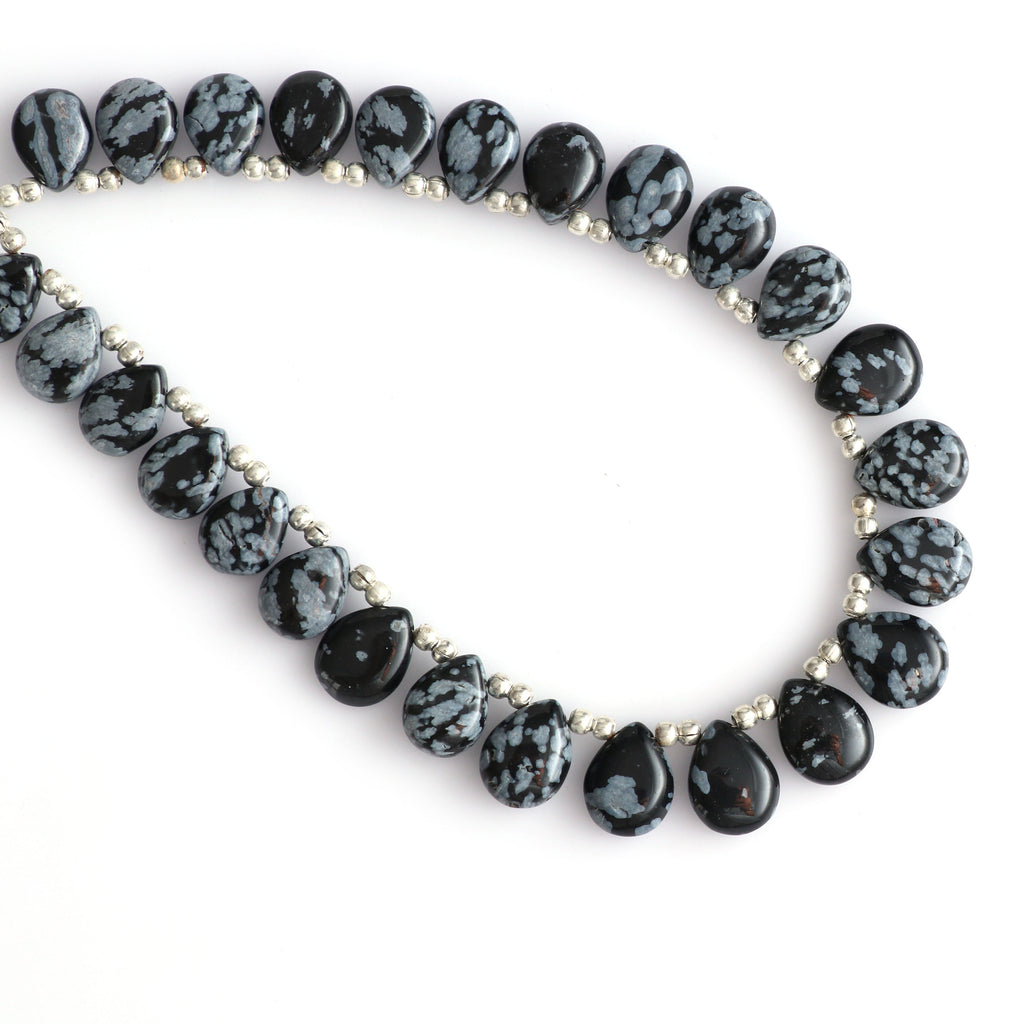 Natural Snowflake Obsidian Smooth Pears Beads -7x9 mm to 8x10 mm-Snowflake Obsidian-Gem Quality, 20 Cm/ 8 Inch, Price Per Strand - National Facets, Gemstone Manufacturer, Natural Gemstones, Gemstone Beads