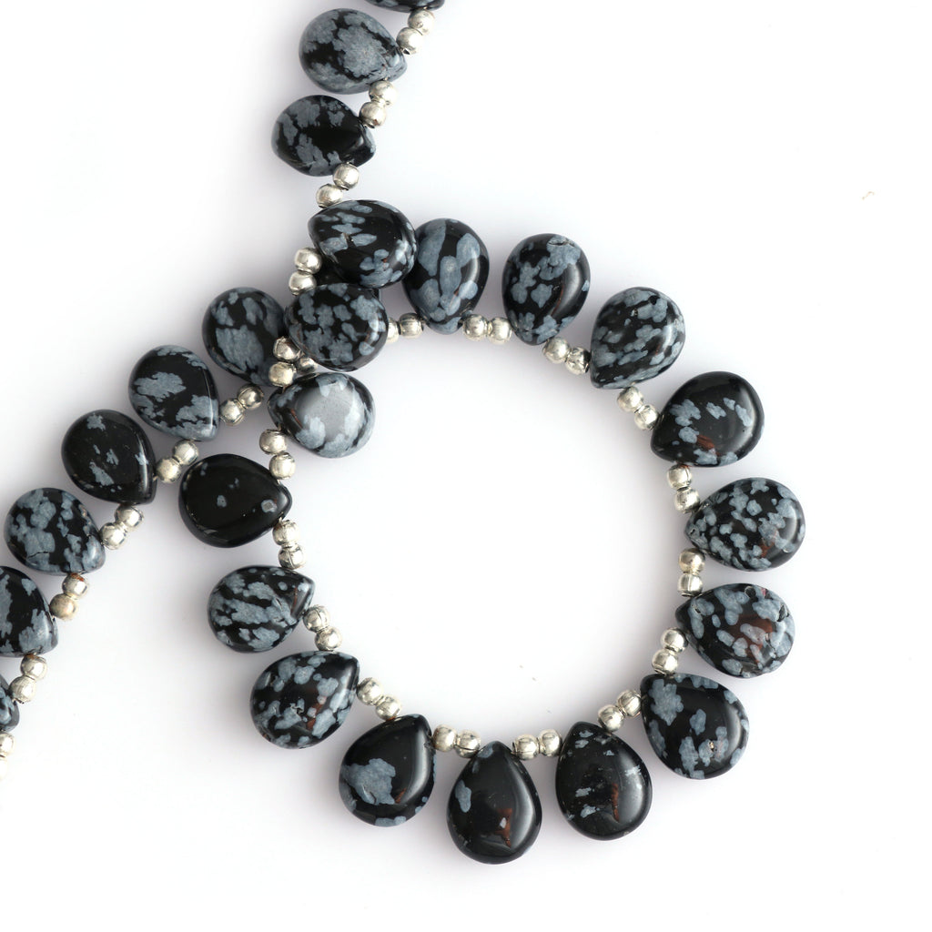 Natural Snowflake Obsidian Smooth Pears Beads -7x9 mm to 8x10 mm-Snowflake Obsidian-Gem Quality, 20 Cm/ 8 Inch, Price Per Strand - National Facets, Gemstone Manufacturer, Natural Gemstones, Gemstone Beads
