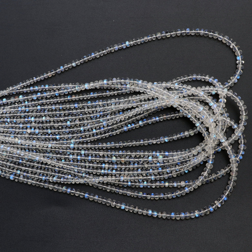 Natural Rainbow Moonstone Smooth Roundel Beads, 3 mm to 5 mm, Rainbow Beads, Moonstone Strand, 8 Inch/16 inch Full Strand, per strand price - National Facets, Gemstone Manufacturer, Natural Gemstones, Gemstone Beads