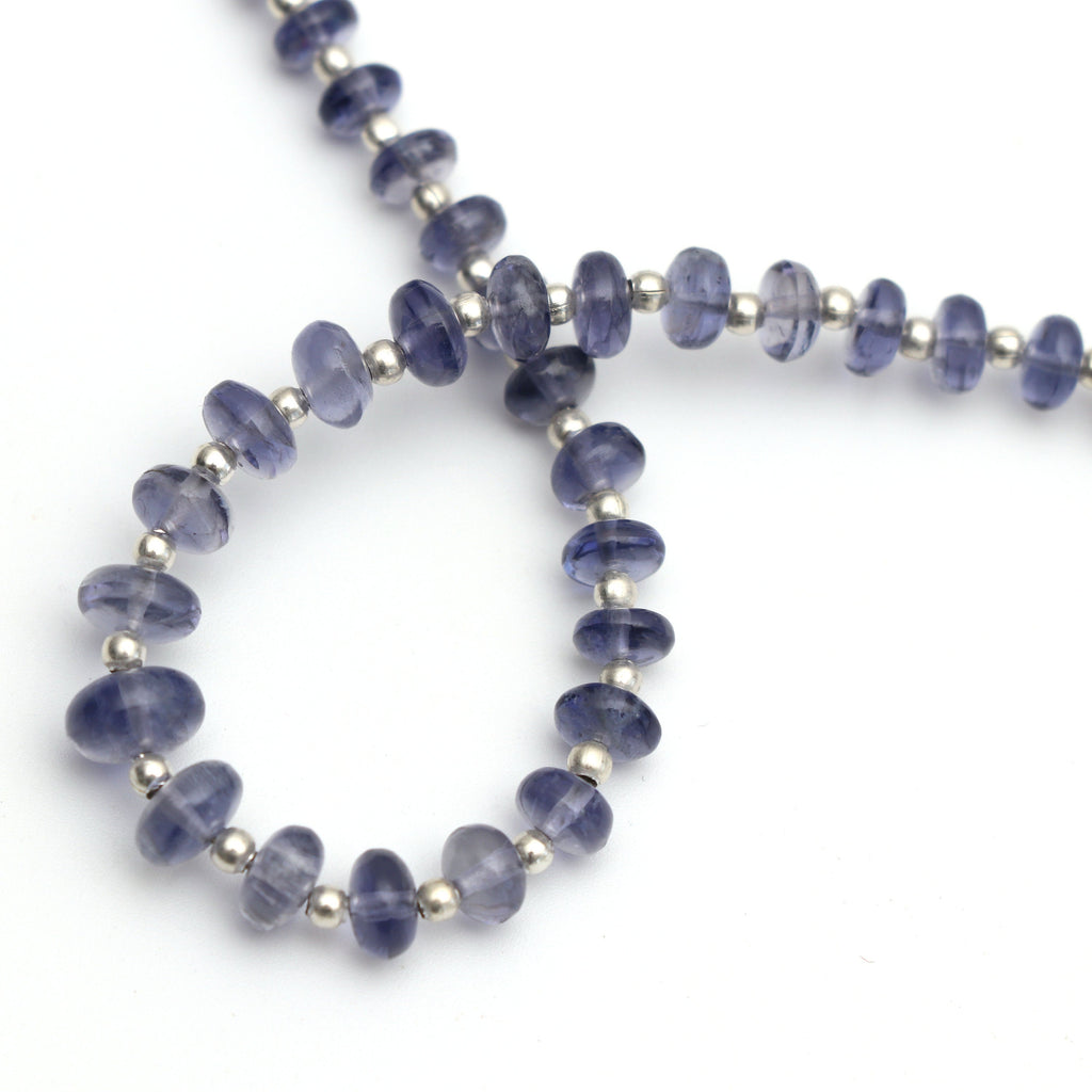 Iolite Smooth Roundel Beads With Metal Spacer Balls - 5 mm to 7 mm - Iolite - Gem Quality , 8 Inch/ 20 Cm Full Strand, Price Per Strand - National Facets, Gemstone Manufacturer, Natural Gemstones, Gemstone Beads