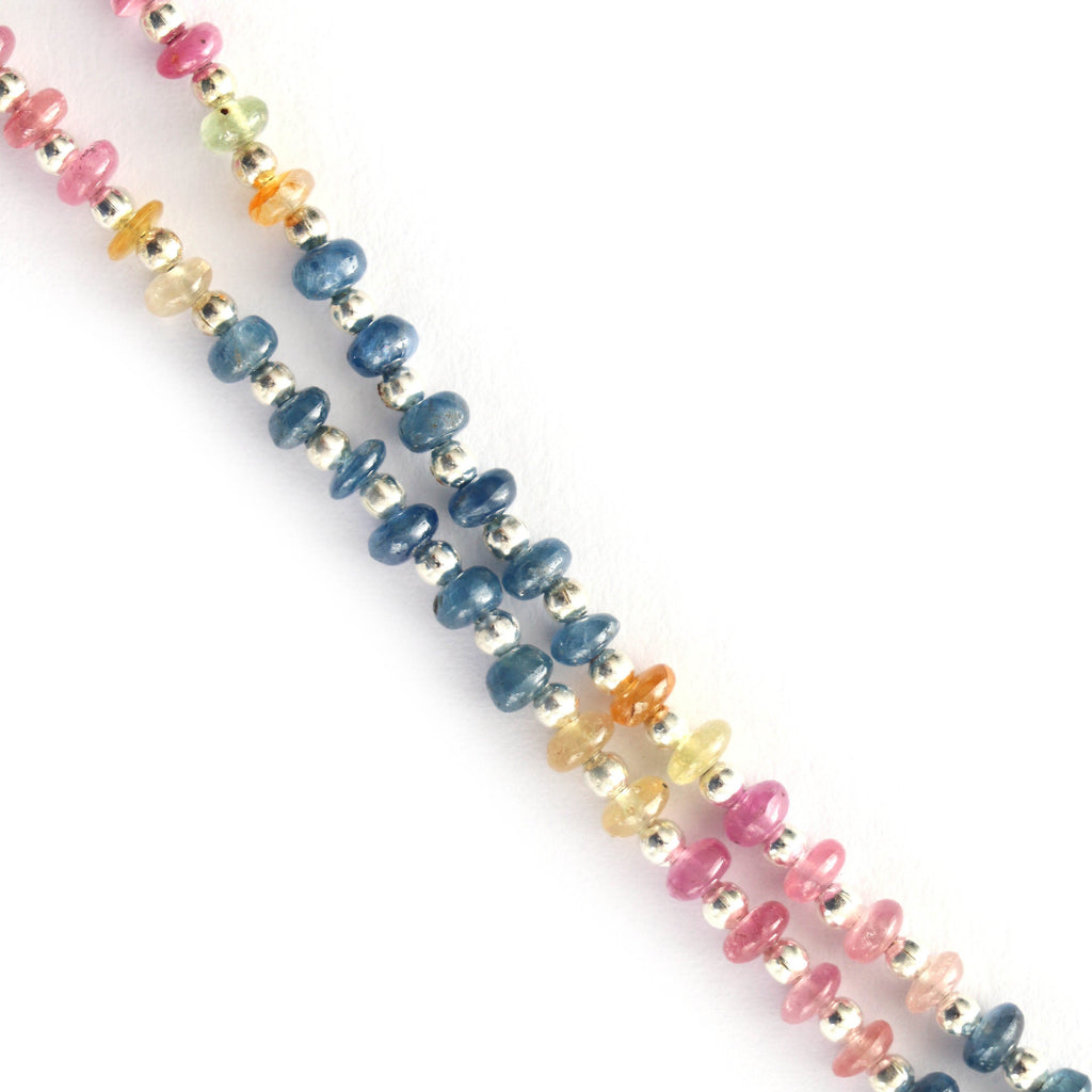 Multi Sapphire Smooth Beads With Metal Spacer Balls - 4 mm - Multi Sapphire - Gem Quality , 8 Inch/ 20 Cm Full Strand, Price Per Strand - National Facets, Gemstone Manufacturer, Natural Gemstones, Gemstone Beads