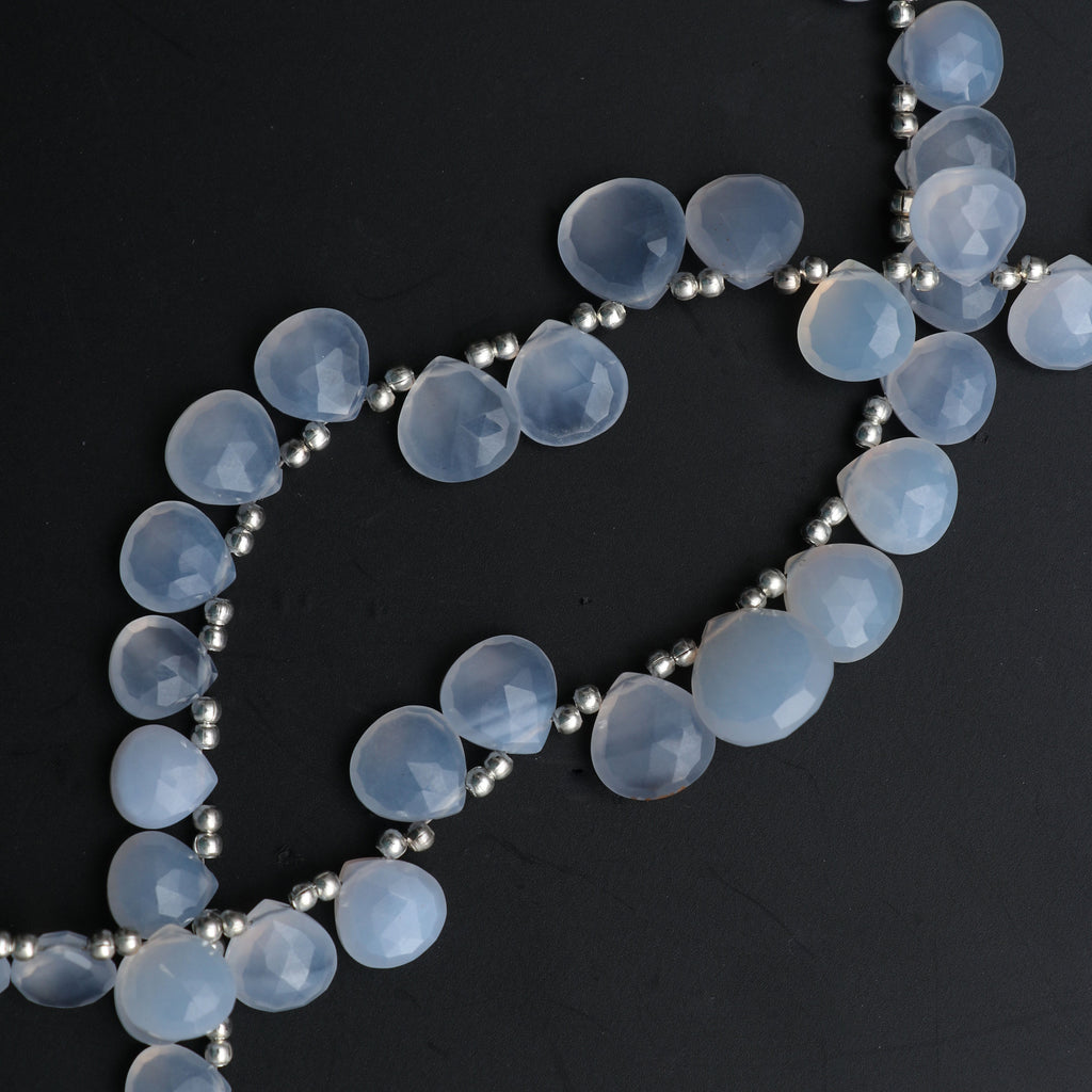 Blue Chalcedony Faceted Heart Beads - 7x7 mm to 12x12 mm - Blue Chalcedony - Gem Quality , 8 Inch/ 20 Cm Full Strand, Price Per Strand - National Facets, Gemstone Manufacturer, Natural Gemstones, Gemstone Beads