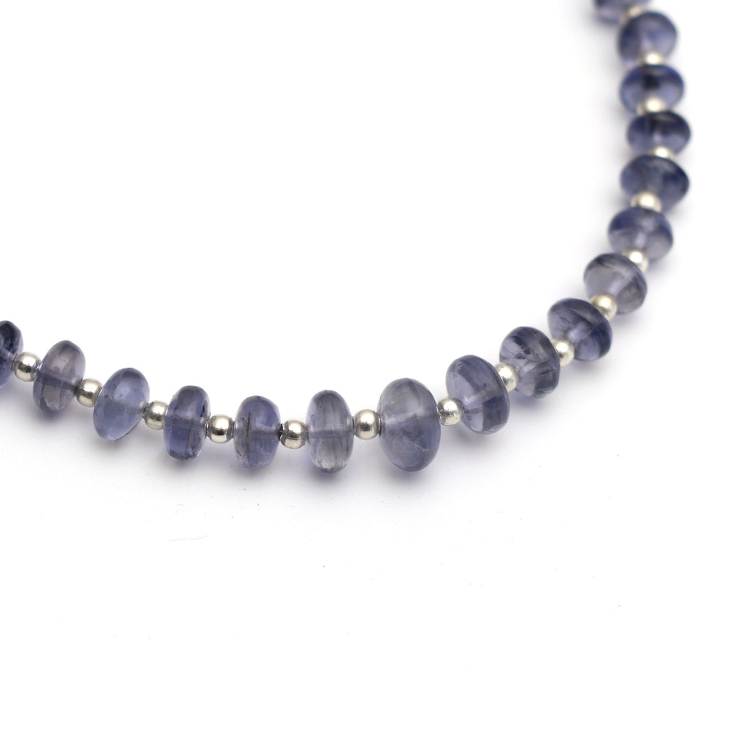 Iolite Smooth Roundel Beads With Metal Spacer Balls - 5 mm to 7 mm - Iolite - Gem Quality , 8 Inch/ 20 Cm Full Strand, Price Per Strand - National Facets, Gemstone Manufacturer, Natural Gemstones, Gemstone Beads