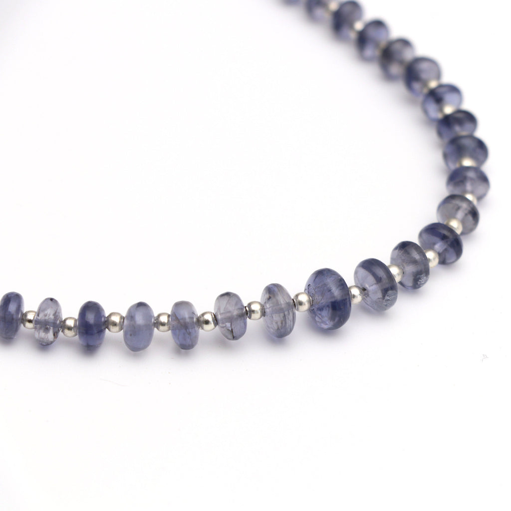 Iolite Smooth Roundel Beads With Metal Spacer Balls - 5 mm to 7 mm - Iolite - Gem Quality , 8 Inch/ 20 Cm Full Strand, Price Per Strand - National Facets, Gemstone Manufacturer, Natural Gemstones, Gemstone Beads