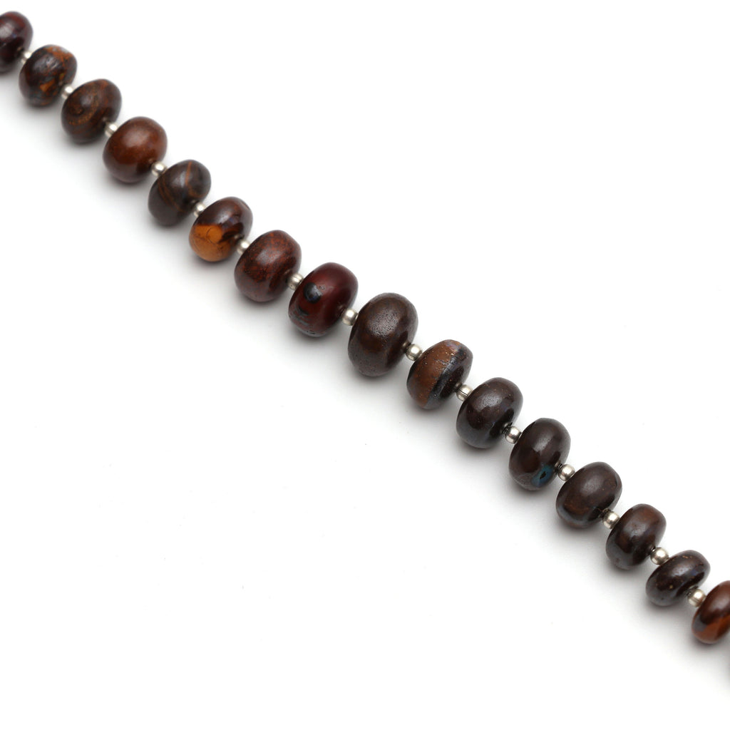 Boulder Opal Smooth Roundel Beads with Metal Spacer Balls - 8mm to 11mm - Boulder Opal - Gem Quality , 8 Inch Full Strand, Price Per Strand - National Facets, Gemstone Manufacturer, Natural Gemstones, Gemstone Beads