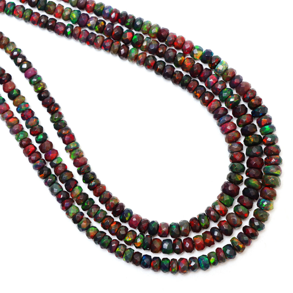 Natural Black Ethiopian Opal Smooth Rondelle Beads | 4 mm to 5.5 mm | 8 Inches/ 18 Inches Full Strand | Price Per Strand - National Facets, Gemstone Manufacturer, Natural Gemstones, Gemstone Beads