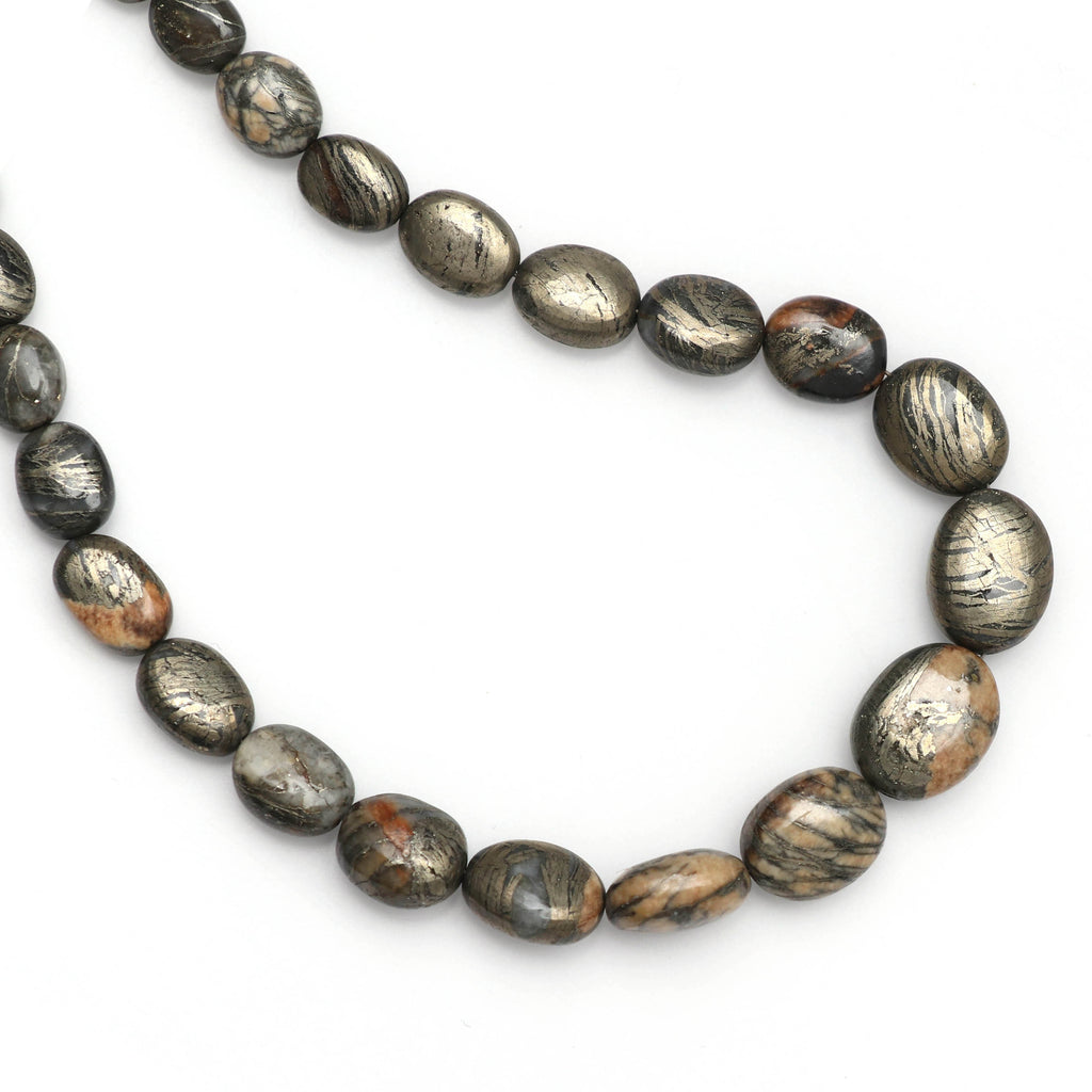 Natural Feather Pyrite Oval Shape Smooth Beads, Feather Pyrite Gemstone | 6x5 mm to 12x10 mm - Gem Quality, 10 Inch, Price Per Strand - National Facets, Gemstone Manufacturer, Natural Gemstones, Gemstone Beads