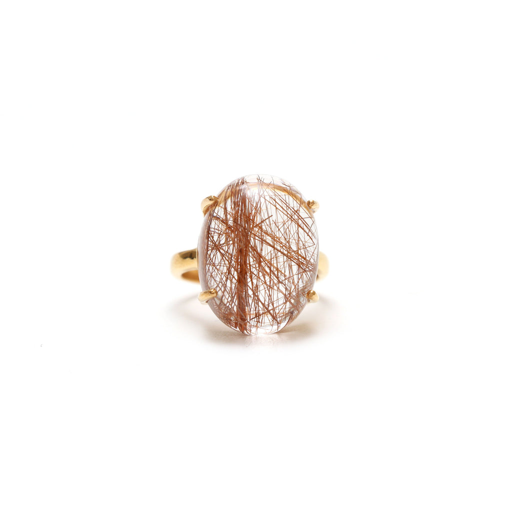 Copper Rutile Smooth Oval Gemstone Prong Ring, 925 Sterling Silver Gold Plated ,Gift For Her - National Facets, Gemstone Manufacturer, Natural Gemstones, Gemstone Beads