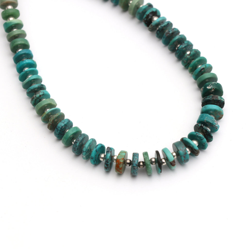 Turquoise Smooth Tyre Beads with Metal Spacer Ball- 6 mm to 7.5 mm - Turquoise Coin - Gem Quality , 8 Inch Full Strand, Price Per Strand - National Facets, Gemstone Manufacturer, Natural Gemstones, Gemstone Beads
