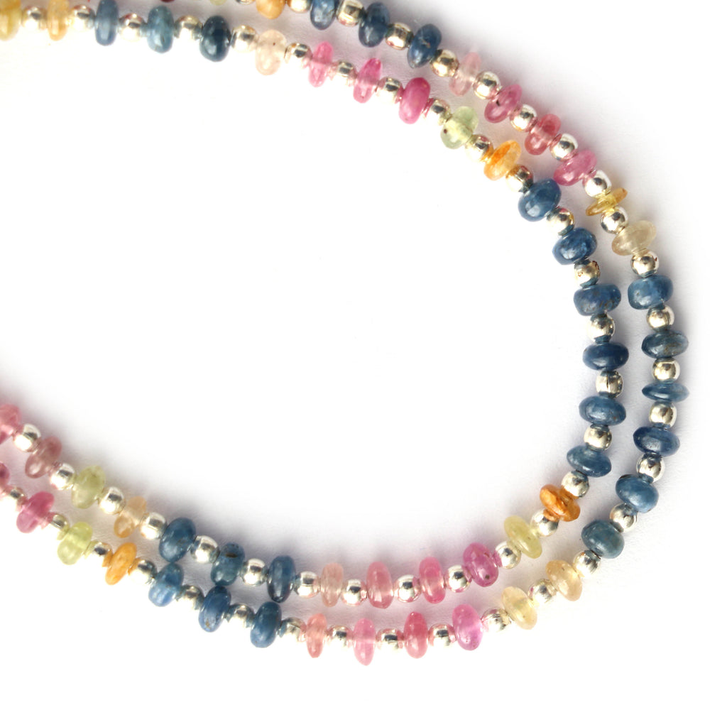 Multi Sapphire Smooth Beads With Metal Spacer Balls - 4 mm - Multi Sapphire - Gem Quality , 8 Inch/ 20 Cm Full Strand, Price Per Strand - National Facets, Gemstone Manufacturer, Natural Gemstones, Gemstone Beads