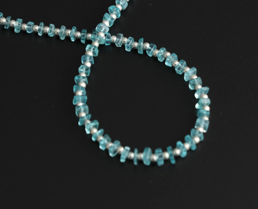 Sky Apatite Smooth Square Flats Beads With Metal Balls - 2x3 mm to 2x4 mm -Sky Apatite - Gem Quality , 8 Inch Full Strand, Price Per Strand - National Facets, Gemstone Manufacturer, Natural Gemstones, Gemstone Beads