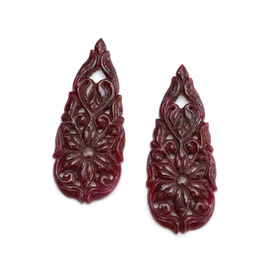 Natural Ruby Carving Pear Shaped Loose Gemstone - 19x48 mm - Ruby Pear, Ruby Carving Loose Gemstone, Pair (2 Pieces)