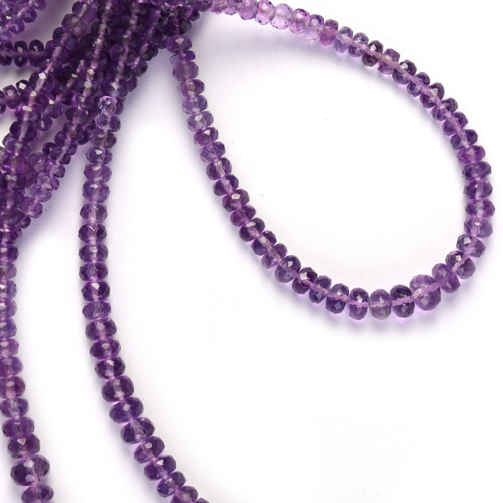 Amethyst Faceted Beads, Amethyst Rondelle Beads, Faceted Beads, Round Beads, Fine Quality, Natural, 4mm to 6 mm, 8 Inch Strand - National Facets, Gemstone Manufacturer, Natural Gemstones, Gemstone Beads