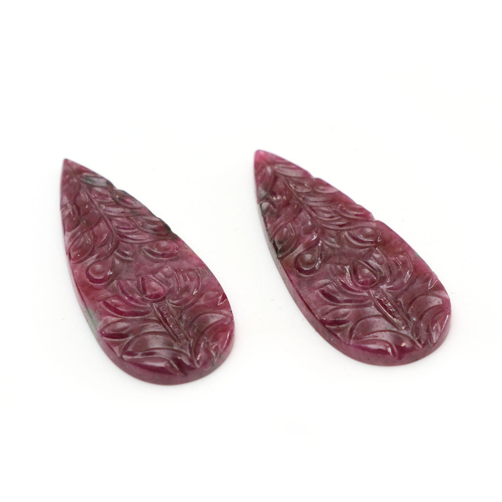 Natural Ruby Carving Pear Shaped Loose Gemstone - 41x17x2 mm - Ruby Pear, Ruby Carving Loose Gemstone, Pair (2 Pieces) - National Facets, Gemstone Manufacturer, Natural Gemstones, Gemstone Beads