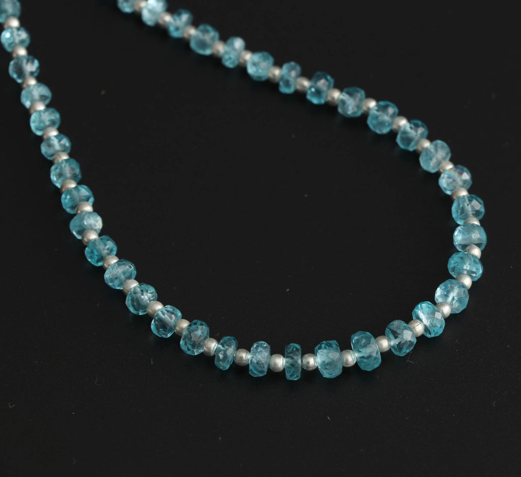 Sky Apatite Faceted Beads With Metal Spacer Ball- 4 mm to 5 mm - Sky Apatite Beads -Gem Quality, 8 Inch/ 20 Cm Full Strand, Price Per Strand - National Facets, Gemstone Manufacturer, Natural Gemstones, Gemstone Beads