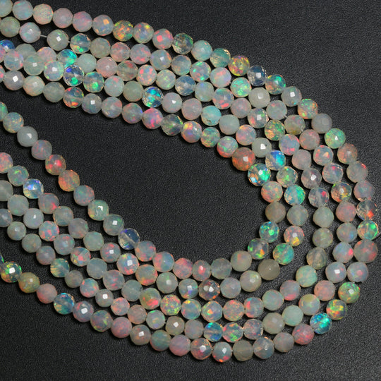 Natural Ethiopian Opal Faceted Round Balls Beads - 3.5mm To 4.5mm , Opal Jewelry Making Beads, 18 Inches Full Strand, Price Per Strand