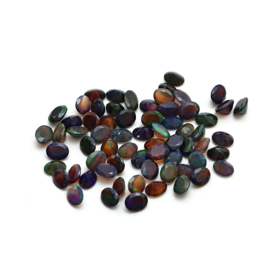 Black Ethiopian Opal Faceted Oval Loose Gemstone, 6x9 mm to 6.5x10.5 mm, Black Ethiopian Opal Jewelry Making Gemstone, Set of 66 pieces
