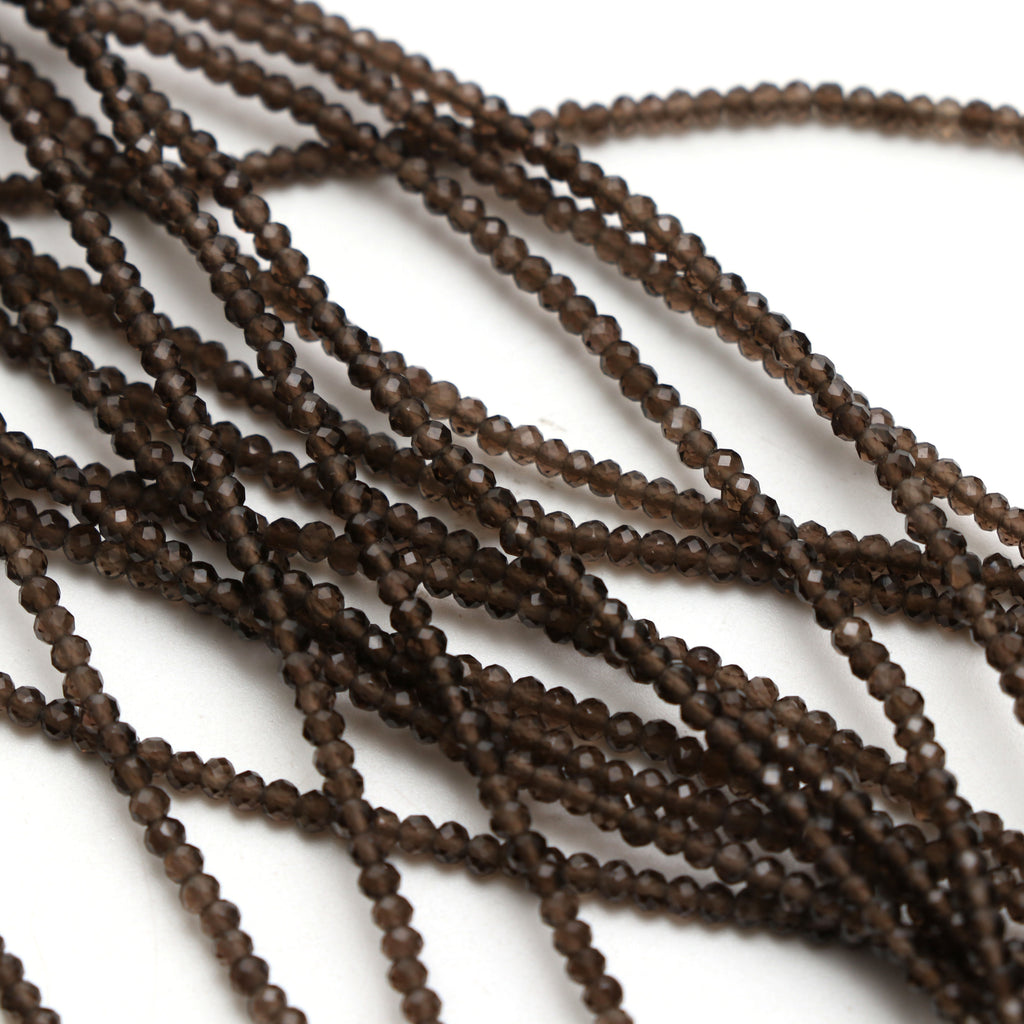 Natural Smoky Quartz Micro Faceted Rondelle Beads, 2 mm, Smoky Quartz Rondelle Beads, 18 Inch Full Strand, Price Per Set - National Facets, Gemstone Manufacturer, Natural Gemstones, Gemstone Beads