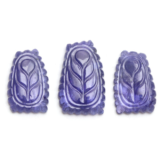 Natural Tanzanite Carving Organic Loose Gemstone, 16x25 mm to 18x29 mm, Tanzanite Handmade Jewelry Gift for Women, Set of 3 Pieces