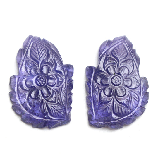 Natural Tanzanite Carving Leaf Loose Gemstone, 24x36 mm, Tanzanite Handmade Jewelry Making Gemstone, Pair ( 2 Pieces )