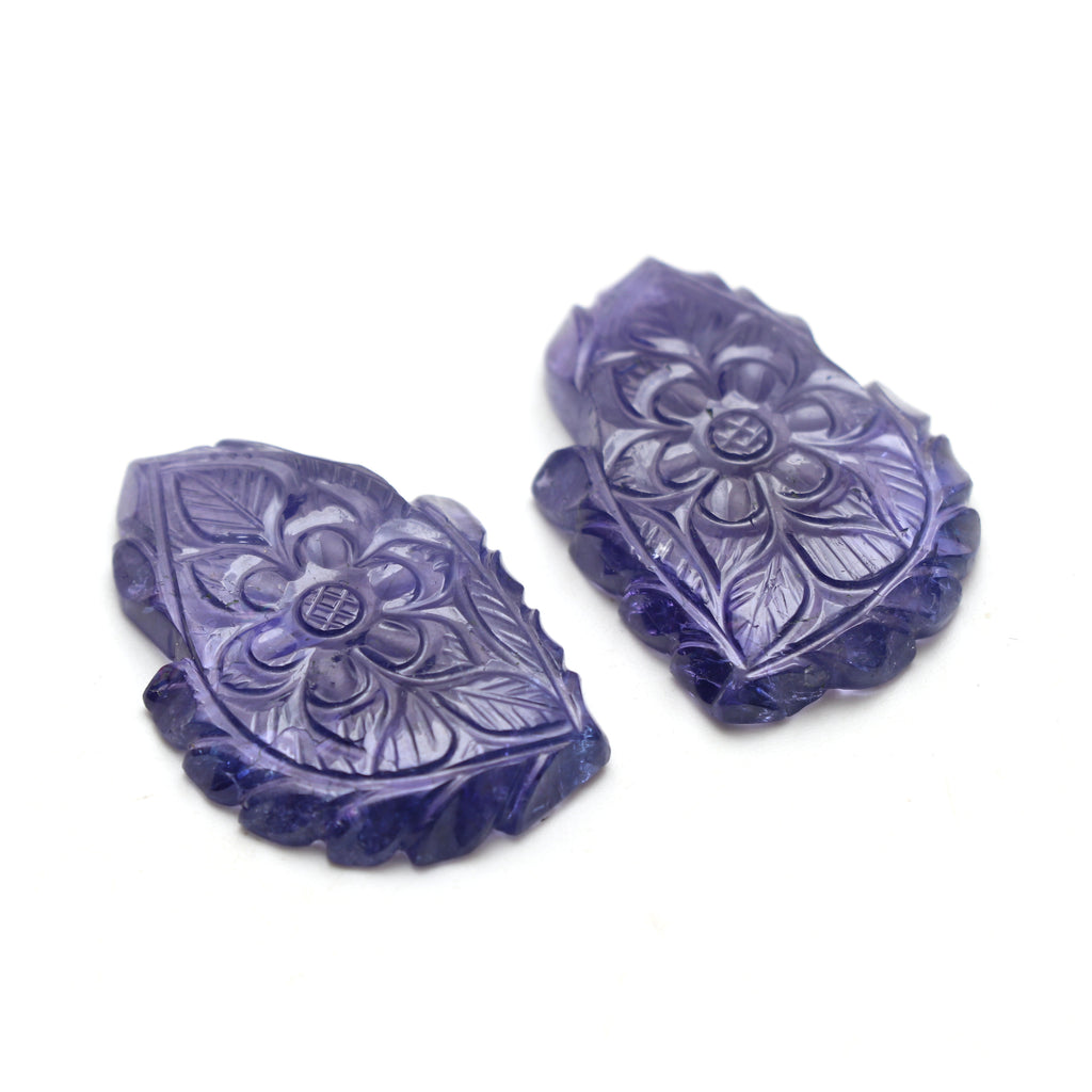 Natural Tanzanite Carving Leaf Loose Gemstone, 24x36 mm, Tanzanite Handmade Jewelry Making Gemstone, Pair ( 2 Pieces ) - National Facets, Gemstone Manufacturer, Natural Gemstones, Gemstone Beads