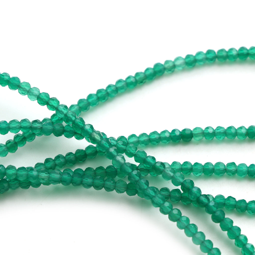 Natural Green Onyx Micro Faceted Rondelle Beads, 3 mm, Green Onyx Rondelle Beads, 18 Inch Full Strand, Price Per Set - National Facets, Gemstone Manufacturer, Natural Gemstones, Gemstone Beads