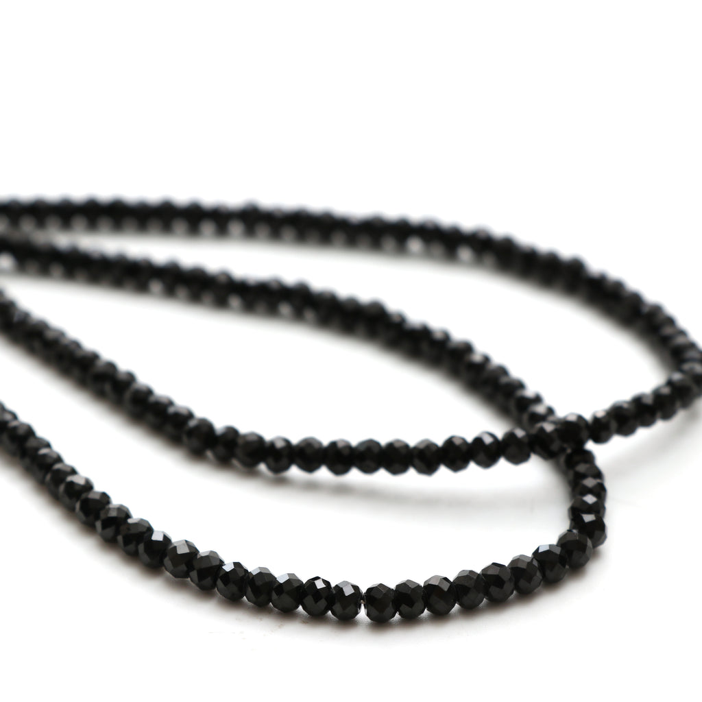 Natural Black Spinel Faceted Rondelle Beads, 4 mm, Black Spinel Rondelle Beads, 17 Inch Full Strand, Price Per Set - National Facets, Gemstone Manufacturer, Natural Gemstones, Gemstone Beads