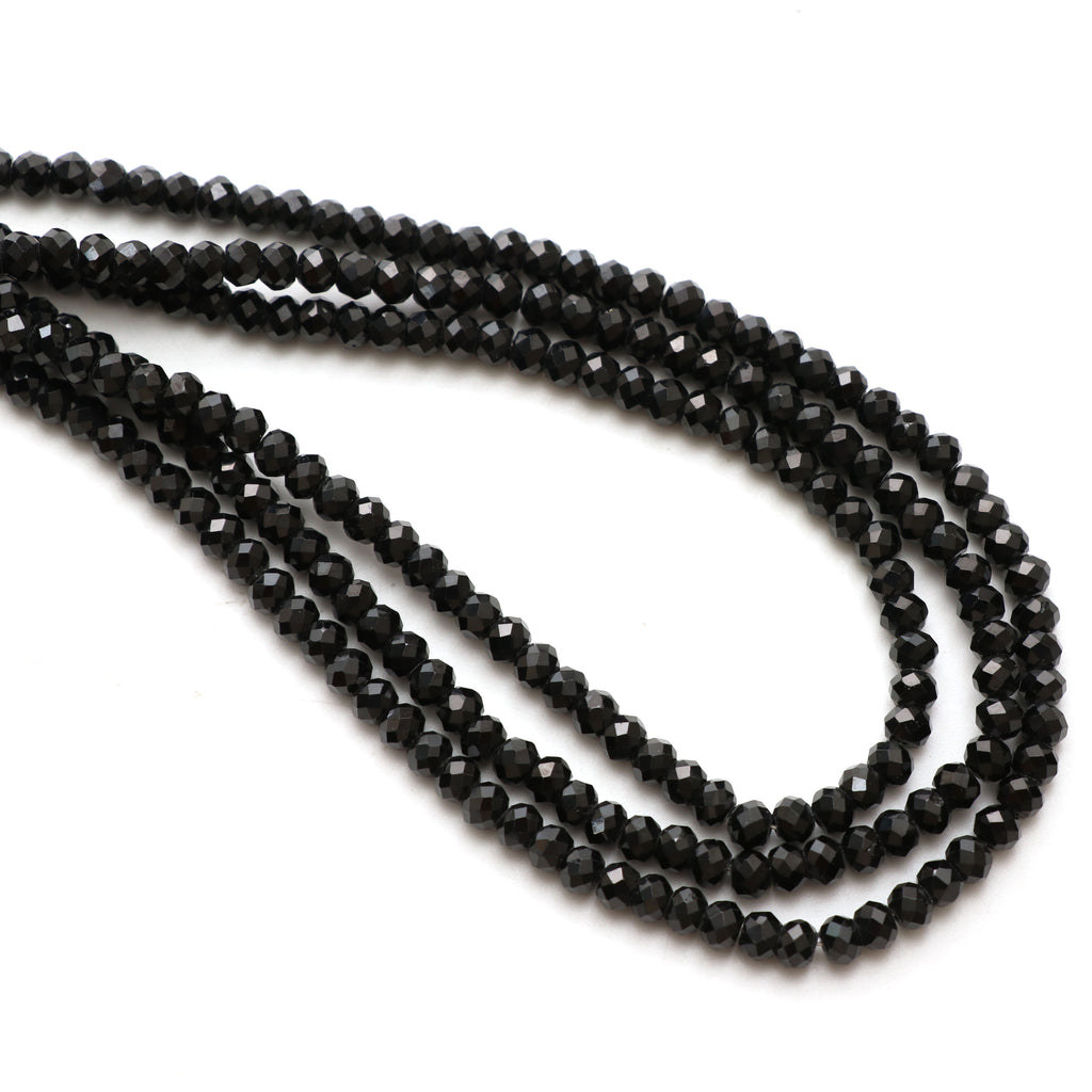 Natural Black Spinel Faceted Rondelle Beads, 4 mm, Black Spinel Rondelle Beads, 17 Inch Full Strand, Price Per Set - National Facets, Gemstone Manufacturer, Natural Gemstones, Gemstone Beads