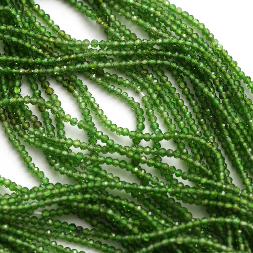 Chrome Diopside Micro Faceted Rondelle Beads, Chrome Diopside Beads - 2 mm, 13 Inch Full Strand, Price Per Strand - National Facets, Gemstone Manufacturer, Natural Gemstones, Gemstone Beads