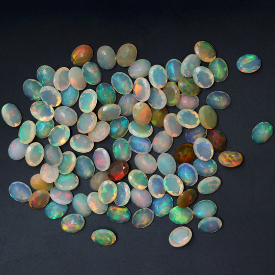 Ethiopian Opal Faceted Oval Loose Gemstone, 6.5x8.5 mm to 7x9 mm, Ethiopian Opal Jewelry Making Gemstone, Set of 92 pieces