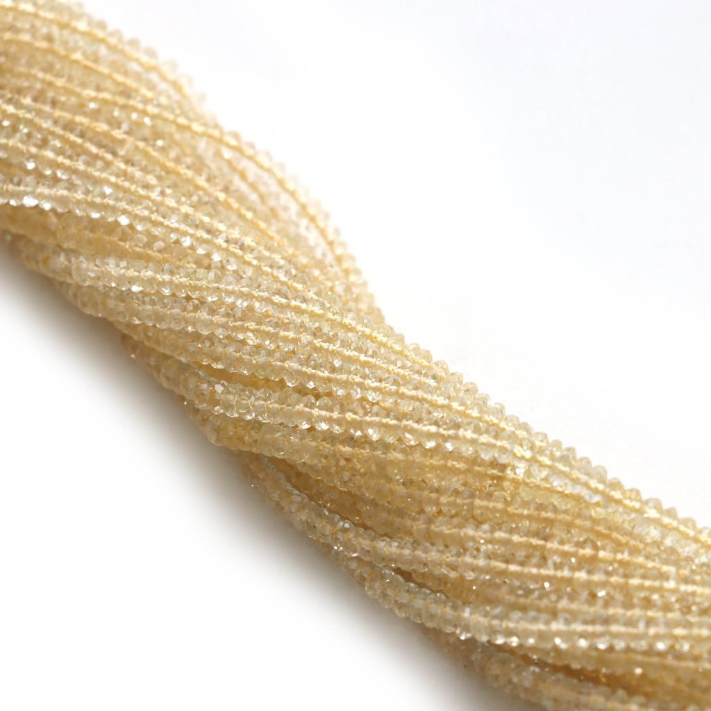 Yellow Aquamarine Micro Faceted Rondelle Beads, 3 mm, Light Yellow Aquamarine Micro Beads, Yellow Beryl Jewelry, 14 Inch, Price Per Strand - National Facets, Gemstone Manufacturer, Natural Gemstones, Gemstone Beads