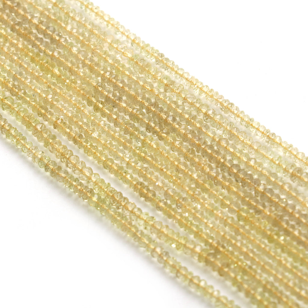 Lemon Aquamarine Micro Faceted Rondelle Beads, 3 mm, Lemon Aquamarine Micro Beads, Lemon Beryl Jewelry, 14 Inch, Price Per Strand - National Facets, Gemstone Manufacturer, Natural Gemstones, Gemstone Beads