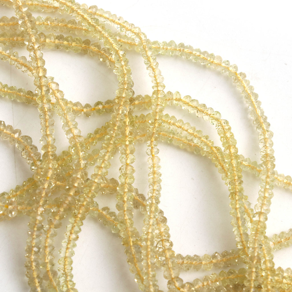 Lemon Aquamarine Micro Faceted Rondelle Beads, 3 mm, Lemon Aquamarine Micro Beads, Lemon Beryl Jewelry, 14 Inch, Price Per Strand - National Facets, Gemstone Manufacturer, Natural Gemstones, Gemstone Beads