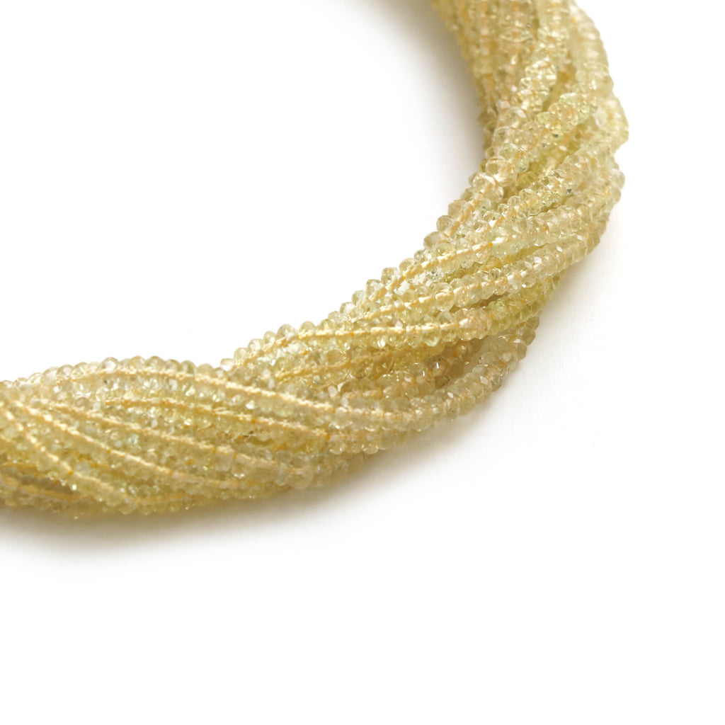 Lemon Aquamarine Micro Faceted Rondelle Beads, 3 mm, Lemon Aquamarine Micro Beads, Lemon Beryl Jewelry, 14 Inch, Price Per Strand - National Facets, Gemstone Manufacturer, Natural Gemstones, Gemstone Beads