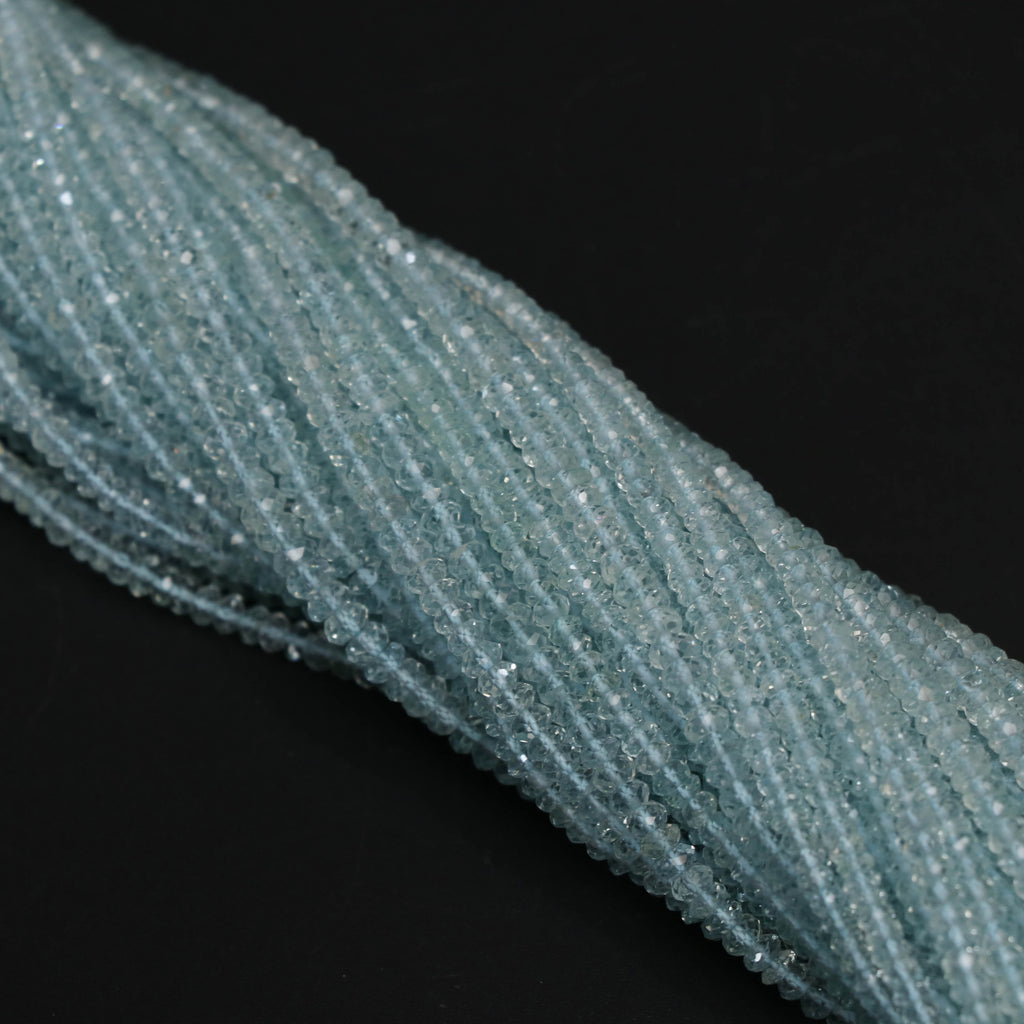 Aquamarine Micro Faceted Rondelle Beads, 3.5 mm, Aquamarine Micro Beads, Aquamarine Jewelry, 14 Inch, Price Per Strand - National Facets, Gemstone Manufacturer, Natural Gemstones, Gemstone Beads