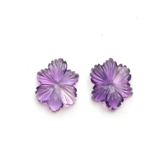 Natural Amethyst Flower Carving Loose Gemstone, 15x20mm, Pair (2 Pieces)
