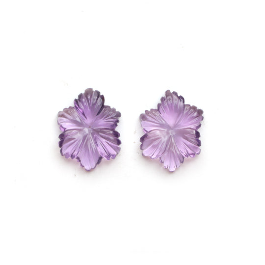 Natural Amethyst Flower Carving Loose Gemstone, 15x20mm, Pair (2 Pieces)
