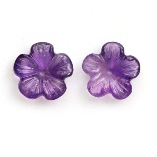 Natural Amethyst Flower Carving Loose Gemstone, 14x14 mm, Amethyst Jewelry Making Gemstone, Pair (2 Pieces)