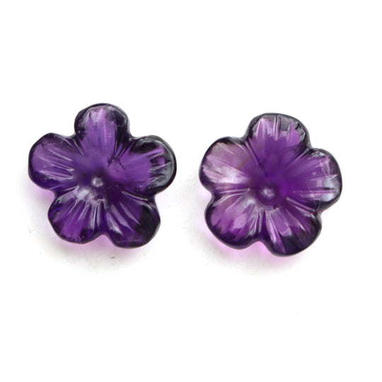 Natural Amethyst Flower Carving Loose Gemstone, 13.5x14 mm, Amethyst Jewelry Making Gemstone, Pair (2 Pieces)