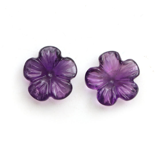 Natural Amethyst Flower Carving Loose Gemstone, 14x14.5 mm, Amethyst Jewelry Making Gemstone, Pair (2 Pieces)