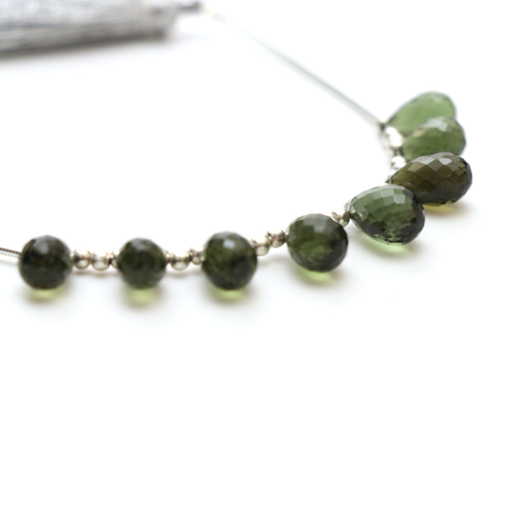Natural Moldavite Faceted Drop Beads, 5.5x9 mm to 6x10.5 mm, Moldavite Drop Jewelry Making Beads, 3.5 Inch Full Strand, Price Per Strand - National Facets, Gemstone Manufacturer, Natural Gemstones, Gemstone Beads, Gemstone Carvings