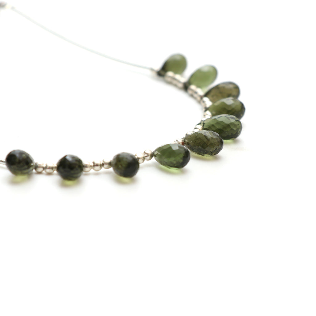 Natural Moldavite Faceted Drop Beads, 6x10 mm to 7x11.5 mm, Moldavite Drop Jewelry Making Beads, 3 Inch Full Strand, Price Per Strand - National Facets, Gemstone Manufacturer, Natural Gemstones, Gemstone Beads, Gemstone Carvings