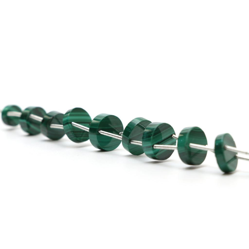 Natural Malachite Smooth Coin Both Side Flat Beads, 8 mm to 12 mm, Malachite Coin Jewelry Making Beads, 5 Inch, Price Per Strand - National Facets, Gemstone Manufacturer, Natural Gemstones, Gemstone Beads, Gemstone Carvings