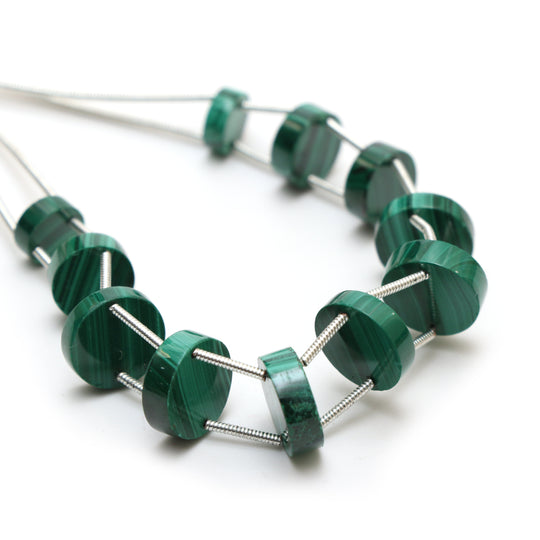 Natural Malachite Smooth Coin Both Side Flat Beads, 8 mm to 12 mm, Malachite Coin Jewelry Making Beads, 5 Inch, Price Per Strand