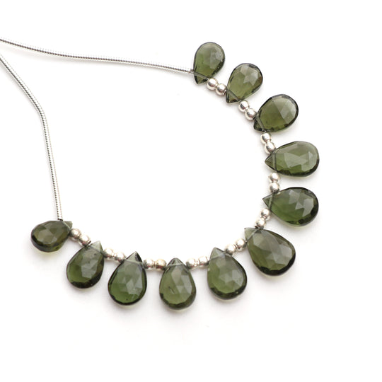 Natural Moldavite Faceted Pear Beads, 7x9 mm to 8x12 mm, Moldavite Jewelry Making Gemstone, 3.5 Inch Full Strand, Price Per Strand