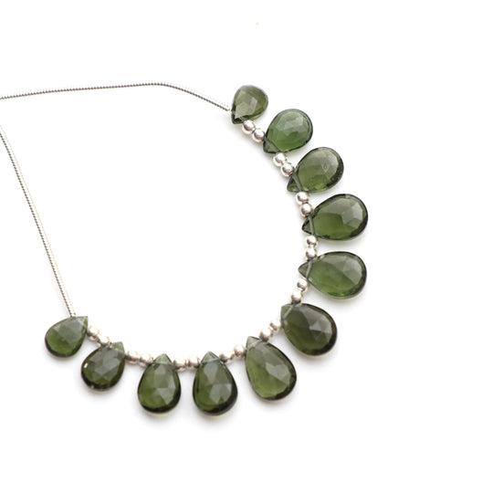 Natural Moldavite Faceted Pear Beads, 6x8.5 mm to 8x11.5 mm, Moldavite Jewelry Making Gemstone, 3 Inch Full Strand, Price Per Strand