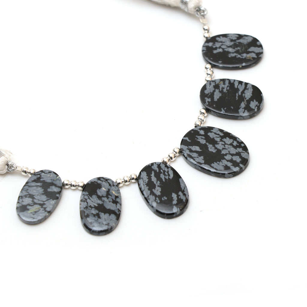 Snowflake Obsidian Both Side Flat Oval Beads, 10x15.5 mm to 13x18.5 mm, Snowflake Obsidian Jewelry, 3 Inches Full Strand, Price Per Strand - National Facets, Gemstone Manufacturer, Natural Gemstones, Gemstone Beads, Gemstone Carvings