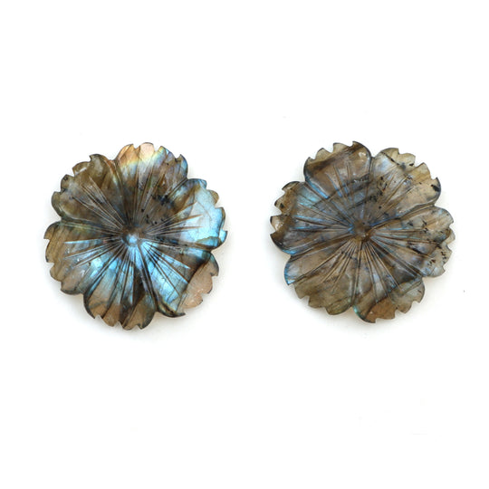 Labradorite Carving Flower Loose Gemstone, 35x36 mm, Labradorite Jewelry Making Gemstone, Pair ( 2 Pieces )