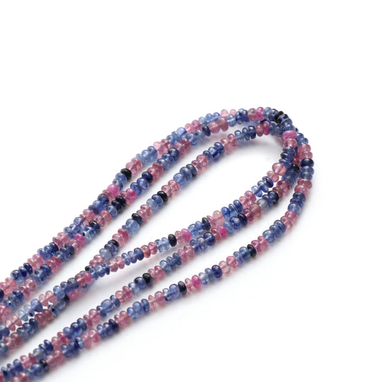 ルビー＆ブルーサファイア スムース ラウンデル ビーズ、3.5mm～4mm、ルビー＋ブルーサファイア ラウンデル ビーズ、18インチ フル ストランド、1ストランドあたりの価格