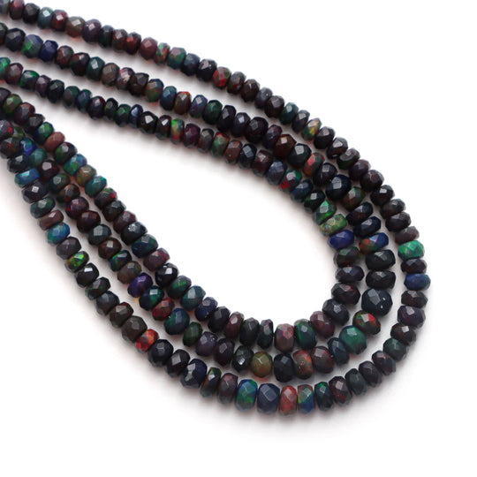 Black Ethiopian Opal Faceted Rondelle Beads, 3 mm to 5 mm, Opal Jewelry Making Beads, 17 Inches Full Strand, Price Per Strand